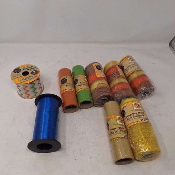 Fall Mesh Decorative Ribbon Bundle Of 9 Crafts Multicolor Glitter Halloween - Picture 1 of 9